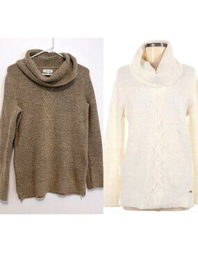 CALVIN KLEIN Beige Tan Black Chunky Knit Cable Knit Diamond Cowl Neck Sweater S